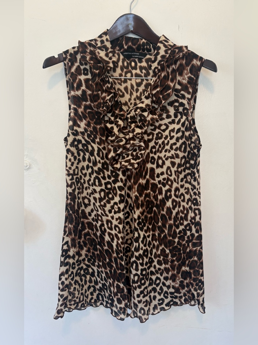 Larry Levine Sleeveless Leopard Print Ruffle V-Neck Top - Brown/Beige